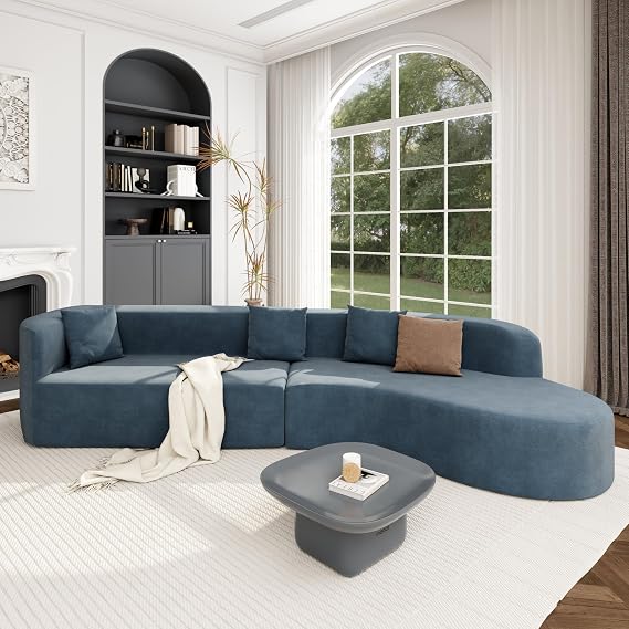 126" Luxury Minimalist Chenille Sectional Sofa with Lounge Chaise, Oversized 2-Piece Curved Design, Deep Seats, 3 Pillows, and Plush Upholstery Couch for Living Room or Apartment(Blue)