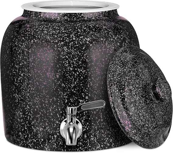 Geo Sports Porcelain Ceramic Crock Water Dispenser, Stainless Steel Faucet, Valve and Lid Included. Fits 3 to 5 Gallon Jugs (Black with Pink Speckles)