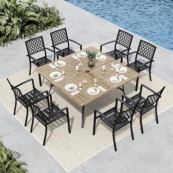 MFSTUDIO Patio Dining Set for 8, Metal Patio Table and Chairs Set, Outdoor Dining Set with Umbrella Hole, 9 Piece Outdoor Patio Furniture Set for Deck Backyard Poolside Garden