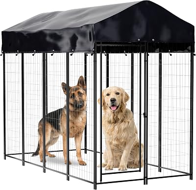Dog Kennel Outdoor, Outside Kennels, Large Wire Crate, 4x8x6 Ft, Metal, Welded, Dogs Runs, wRoof Cover, Big Enclosed Cage, Heavy Duty Pet Crates, Covered Box Run, Outdoors Pavilion Pen | Houseables