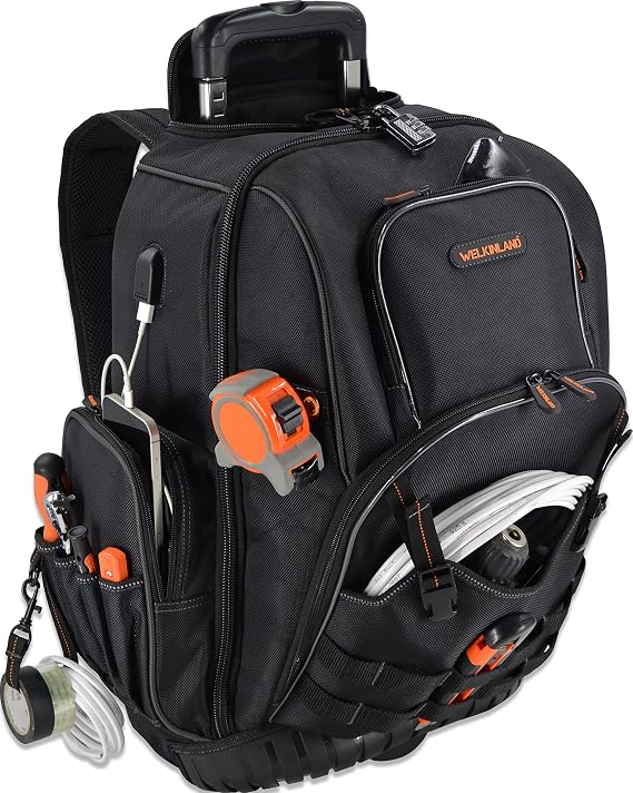 WELKINLAND 72Pockets Rolling Tool backpack, Tool Bag Backpack With Wheels | Heavy-Duty Rolling Tool Bag With Wheels, Large Toolbag With Wheel, Electrician/ HVAC Tool Bag For Men, Roller Travel Toolbag