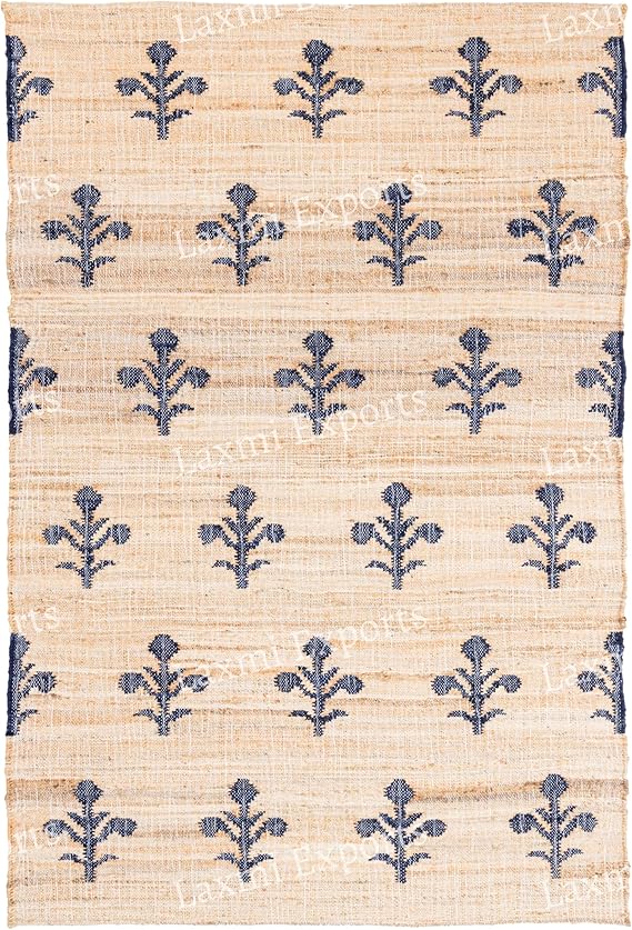 Natural Beige Cotton Kilim Rugs for Home & Kitchen, Blue Floral Pattern Turkish Handmade Carpet, Natural Jute Hallway Large Runner Area Rug - (2.6'x6' ft)