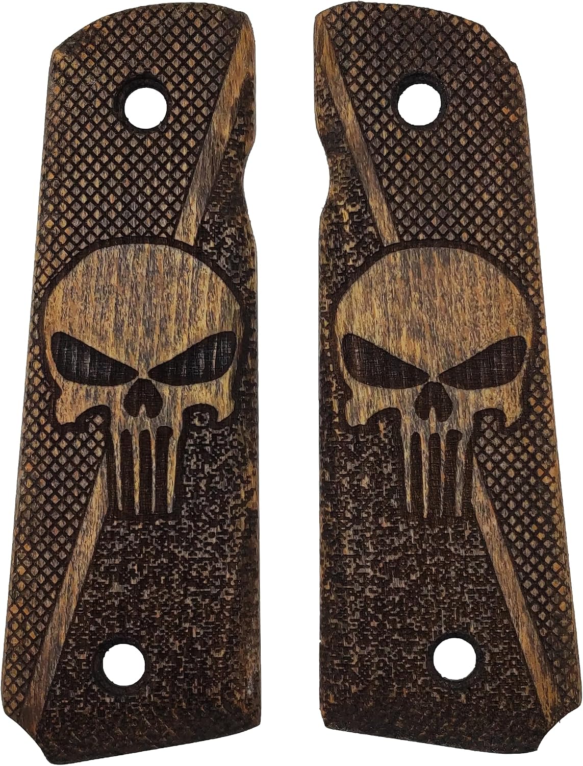1911 Grips Full-Size Real Wood Grips, Punisher - Skull Engraving - Grip for Government/Commander, 1911 Accessories AmbiSafety Cut