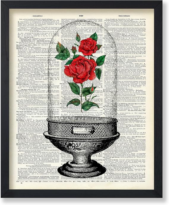 Poster Master Enchanted Rose Print - Dictionary Poster - Flower Art - Beauty Beast Wall Design - Gift for Men & Women - Floral Decor for Bedroom, Living Room or Dorm - 18x24 Unframed Wall Art