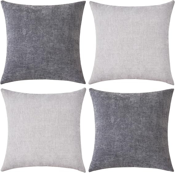 GAWAMAY Throw Pillow Covers 16x16 Inch Pack of 2 Soft Square Chenille Couch Pillow Cover for Sofa Living Room Bedroom Car Solid Dyed Pillow Cases (Only Pillowcases) 40x40 Cm, Grey, Light Grey