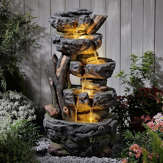 47.2" Tall Outdoor Water Fountain Large Waterfall Fountain | 5-Tier Cascading Realistic Rock & Tree Trunk Feature with LED Lights for Garden, Patio, Backyard & Porch Decor