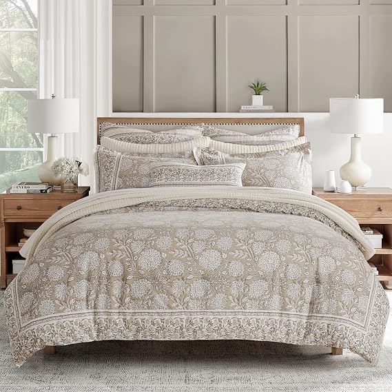 Levtex Home Adare Taupe Reversible Full/Queen Comforter Set (90x94in) with 2 Pillowcases (26x20in) - Floral Bedding - Taupe White - 100% Cotton Full/Queen Size Comforter Set - Soft, Pre-Washed