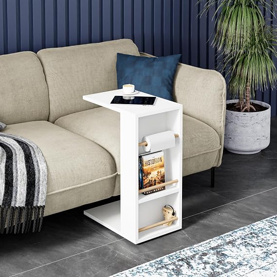 interGO-Wheeled Side Table Roll Towel Attachable Sofa Stand C Coffee Table Rigon Coffee Table (White)