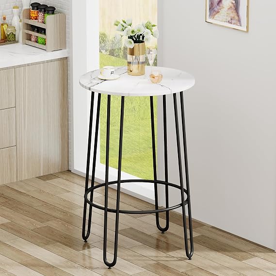 23.6" Round Bar Table White Faux Marble Bar Height Table Modern Small Kitchen Table for Breakfast Coffee Bistro Pub with Wood Top Metal Legs