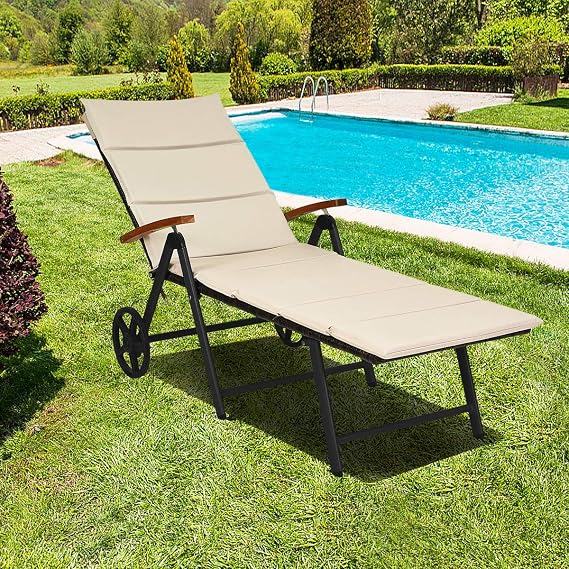 Tangkula Foldable Outdoor Chaise Lounger, Wicker Lounger Chair with Aluminum Black Frame, Wheels for Easy Moving, 7-Position Adjustable Cushioned Rattan Chaise for Poolside, Garden, Balcony and Patio