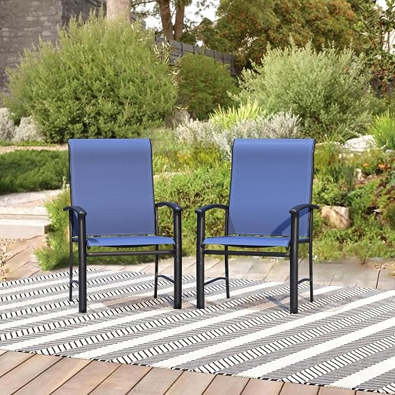 Patio Chairs Set of 2, Outdoor Chairs for Patio with High Back, Metal Outdoor Dining Chair with Armrest for Lawn Deck Garden Balcony Porch Backyard, Blue