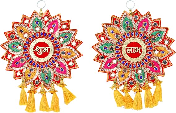 Set of 2 Shubh Labh Handmade Velvet Door Hangings Rajasthani Work Hanging For Home Latkan Jhumar Toran For Entrance Door Indian Traditional Festival New Year Decorations Gift(Size:-9"X7")(Multicolor)