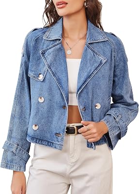 Denim Jacket for Women Cropped Trench Coat Double Breasted Lightweight Jean Jackets Casual Outerwear 2026 Trendy