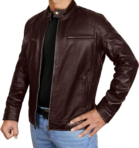 Vintage Cafe Racer Motorcycle Retro Biker Genuine Lambskin Leather Rider Jacket