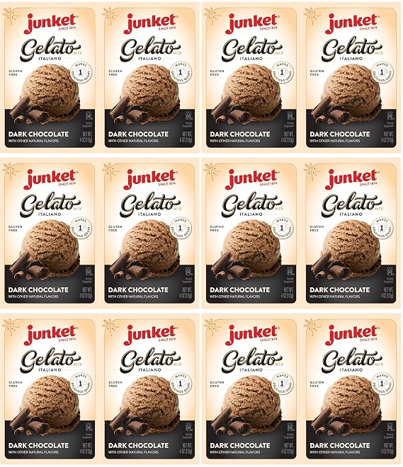 Junket Gelato Mix: Dark Chocolate Homemade Gelato Ice Cream Mix for Ice Cream Maker or Stir By Hand, Start to Finish in Minutes, 4 ounce box (Pack of 12)