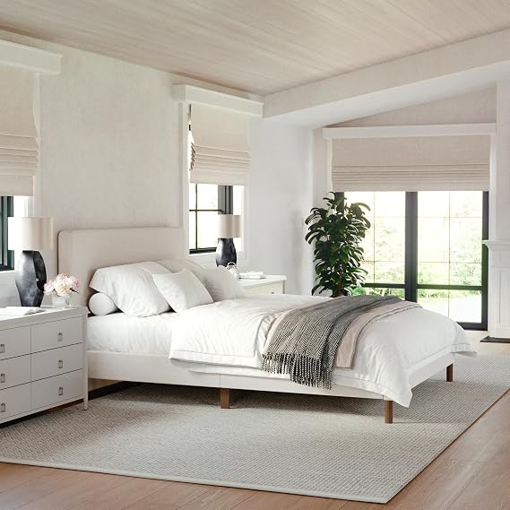 Martha Stewart Britta Queen Rounded Upholstered Platform Bed, Beige | Cushioned Siderails, Wood Slat Foundation, No Box Spring Needed