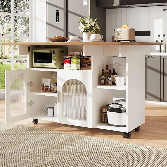 Kitchen Island Kitchen Cabinet with Folding Table Top Removable Serving Trolley Buffet Cabinet Wood Grain Dining Trolley Multifunctional Dining Table with Storage Space Modern Kitchen Siland