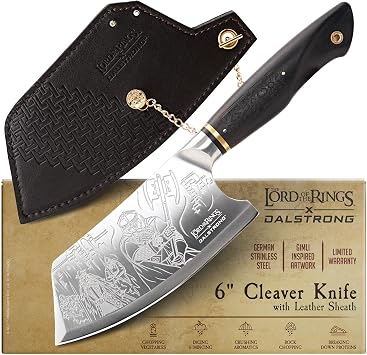 Dalstrong Meat Cleaver Knife - 6 inch - Lord of the RingsTM Edition - Official Licensed Collection - Drawrves Gimli - Premium German X50CRMOV15 Steel - Ebony Wood Handle - Leather Sheath