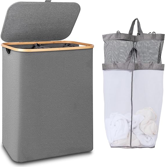 iEGrow Laundry Basket 2 Compartments 150L, Large Washing Baskets for Laundry with Removable and Washable Inner Bags, Laundry Hamper with Lid and Handle for Bedroom Laundry Room Bathroom (Grey)