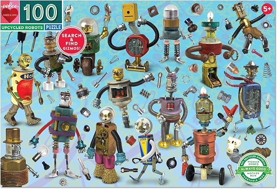 eeBoo: Upcycled Robots 100 Piece Puzzle, Perfect Project for Little Hands, Aids in Development of Pattern, Shape, and Color Recognition, Offers Children a Challenge, Perfect for Ages 5 and up