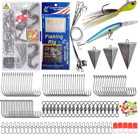 Saltwater Surf Fishing Tackle Kit, Surf Fishing Bait Rigs Bucktail Jig Saltwater Fishing Lures Pyramid Weights Wire Leaders Hooks Swivel Ocean Beach Fishing Gear Box
