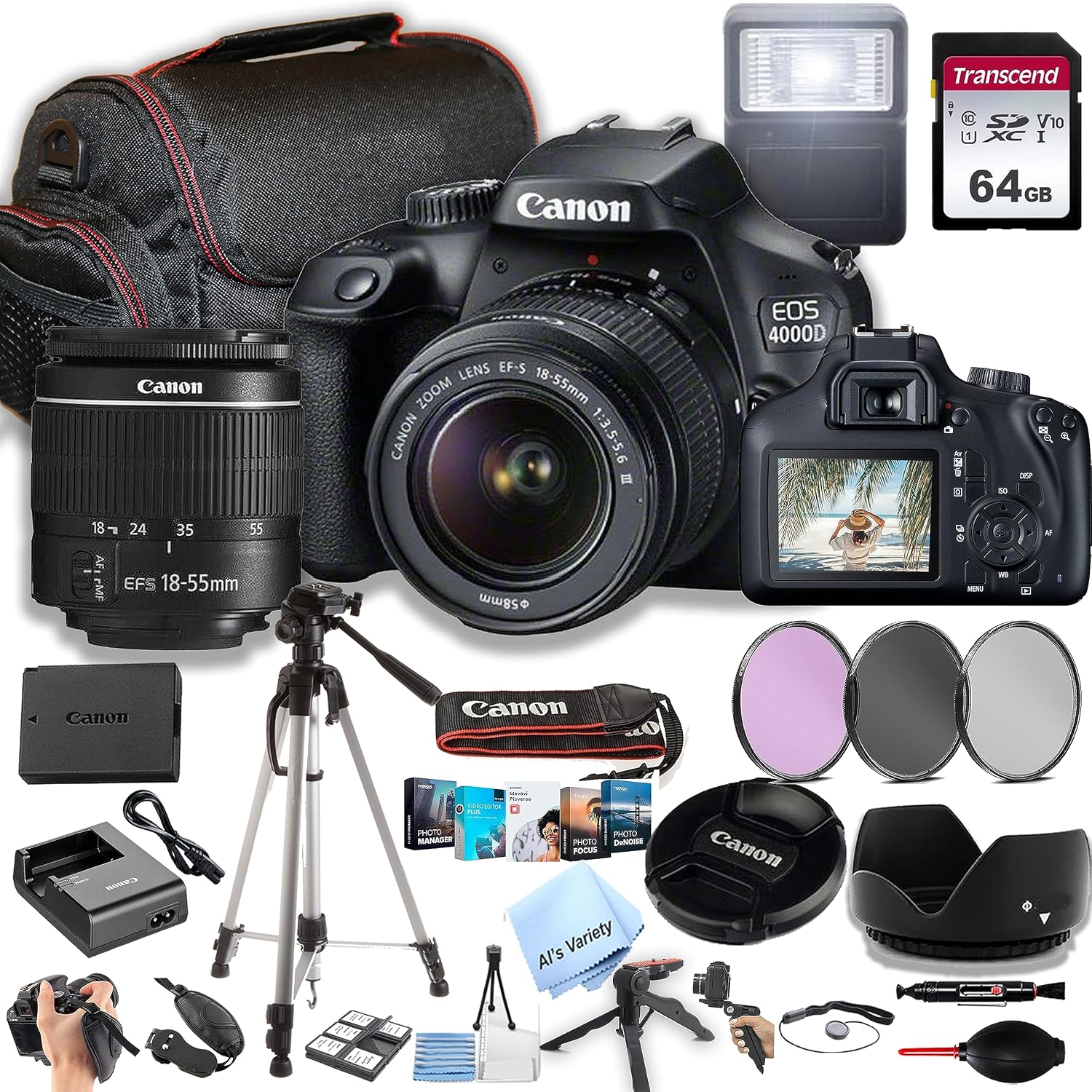 Canon EOS 4000D  Rebel T100 DSLR Camera wEF-S 18-55mm F3.5-5.6 Zoom Lens  64GB Memory, Filters,Case, Tripod, Flash, and More 34pc Bundle Renewed