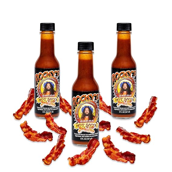Rocky's Bacon Hot Sauce Gourmet Red Chili Sauce with Perfectly Balanced Heat Great Hot Sauce Gift and Wing Sauce - 5 oz - (3-Pack)