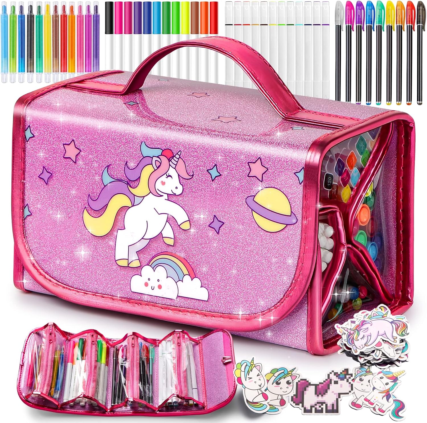 Hot Bee Unicorn Gifts for 4-7 Year Old Girl, Colouring Pens, Arts and Crafts Kits for Kids, Toys for 4-8 Year Old Girls, Unicorn Pencil Case for Girls
