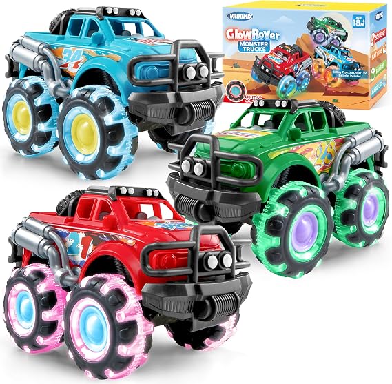 Vroomix 3 Pack Monster Truck Toy - Toy Truck with Flashing LED Wheels - Light-Up Friction-Powered Cars for Kids - Boys Girls Birthday Gift
