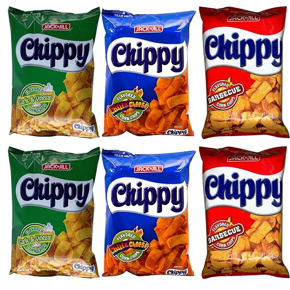 Jack 'n Jill Chippy Filipino Snack Chips Variety Pack Corn Chips Barbeque, Garlic & Vinegar, Chili & Cheese (6 Pack, Total of 24 oz)