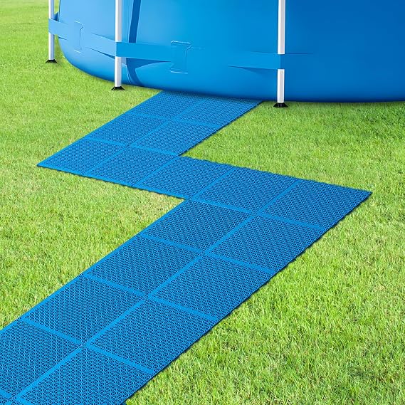 Moonoom 16 Pcs Ground Pool Drainage Walkway, 10.3" x 10.3" Floor Protector Mat, Non-Slip Plastic Modular Interlocking Cushion for Protecting Lawn and Away From Litter