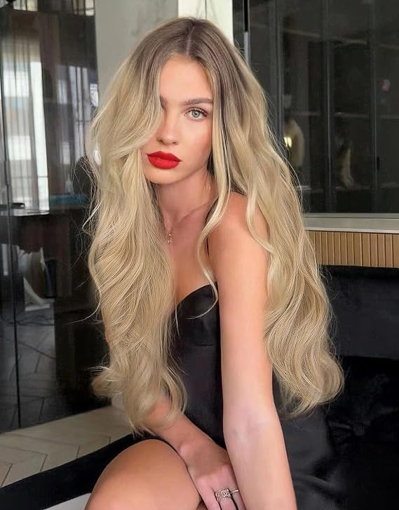 Dark Brown Ombre Blonde Lace Front Wigs for Women Glueless Synthetic Hair Wavy Wig with Flawless Hairline 24 inches Heat Safe EALGA-001