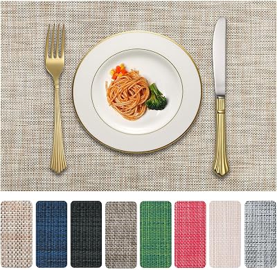 Vinyl Placemats Set of 6, PVC Woven Washable Non-Slip Table Mats, Heat Resistant Wrinkle Free Place Mats for Dining Table, Easy to Clean 6, Caramel