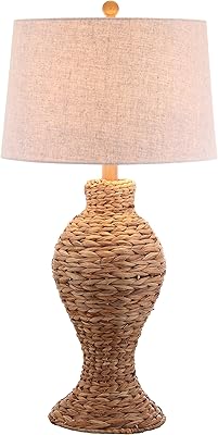 JONATHAN Y JYL1015A 31 Tall Coastal Table Lamp, Natural Woven Water Hyacinth Boho Accent Lamp with Gray Linen Shade for Living Room, Bedroom, Farmhouse Bedside End Table, LED Bulb Included