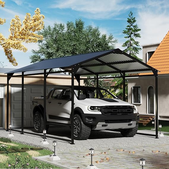 Carport Canopy 10x15 Heavy Duty,Metal Carport with Reinforced Structrure and Base,Outdoor Garage Car Shelter Frame for Pickup, Boat, Car and Tractors，Black