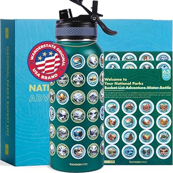 WANDERSTATE National Parks Water Bottle with 63 Waterproof Stickers - Gift-Ready Packaging + 2 Lids - 32oz Leakproof Insulated Stainless Steel with Straw - National Parks Gift Set (Green)