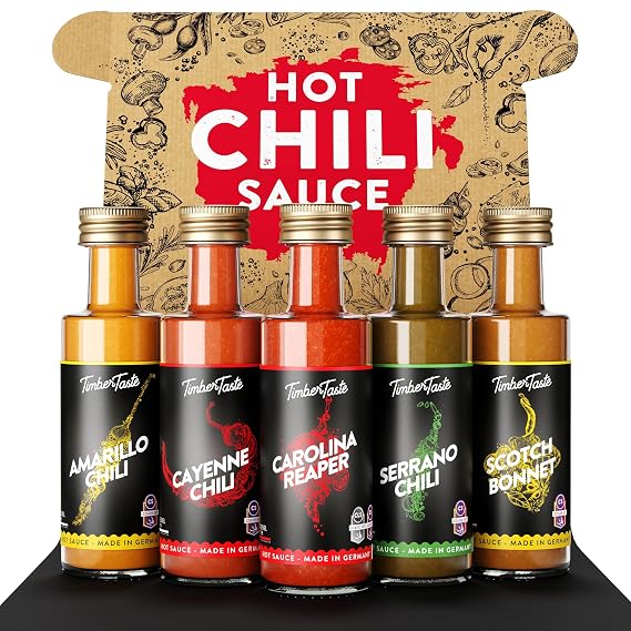 TIMBER TASTE Hot Sauce Color Sampler Set - 5 Gourmet Chili Condiments Cayenne Scotch Bonnet Serrano Amarillo Reaper | Hot Variety Pack Mini Bottles Spicy Pack - Birthday Gift for Him Her Foodie