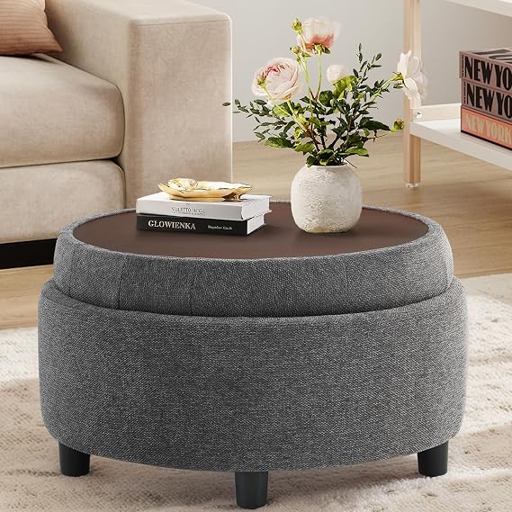 COLAMY Fabric Round Storage Ottoman with Reversible Tray Lid Multi-Functional Footrest, Hidden Storage, Sturdy & Stylish Small Coffee Table for Living Room, Bedroom, or Entryway(Dark Grey)