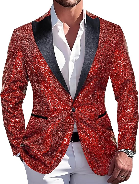 Barry.Wang 70s Disco Sequins Blazer Mens Sparkle Metallic Suit Jacket