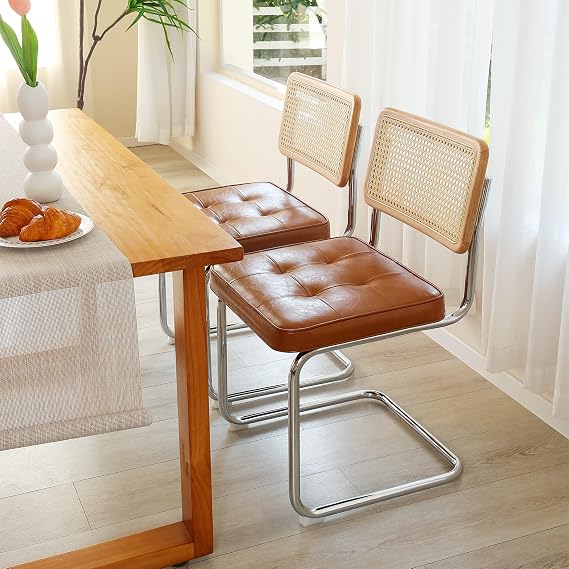 ONEVOG Faux Leather Dining Chairs Set of 2, Mid-Century Modern Kitchen Chairs with Natural Rattan Back and Non-Slip Metal Legs, 19" Upholstered Armless Dining Room Chairs, Caramel Brown