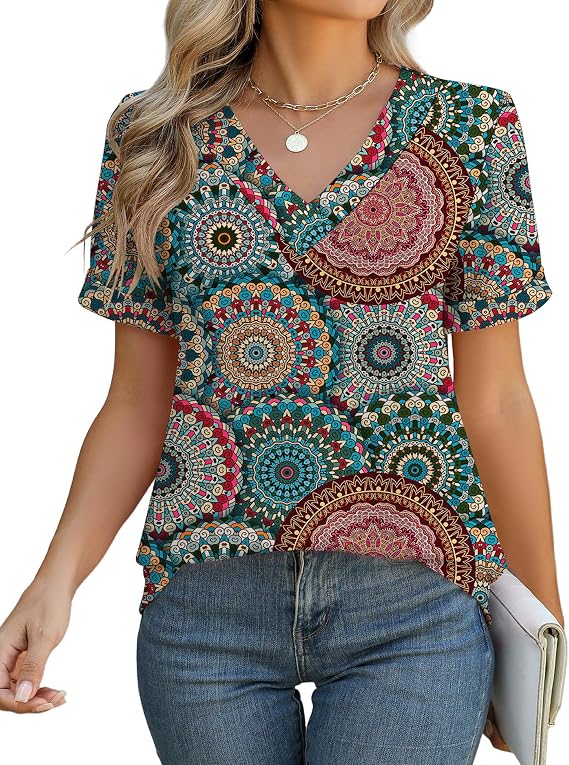 Rapbin T Shirts for Women Short Sleeve V Neck Tshirts Loose Fit Lightweight Soft Casual Summer Spring Tee Tops