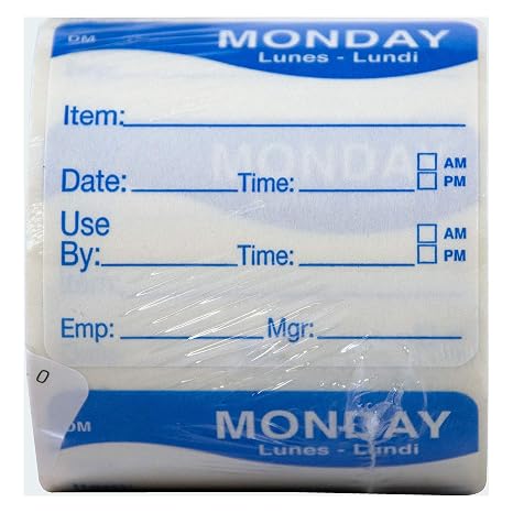 DayMark Day of the Week 2" x 2" Dissolvable Label, Monday, Item/Date/Use By, (Roll of 250)