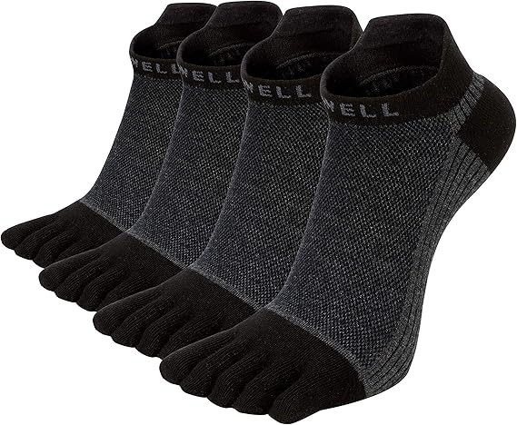 VWELL Cotton Toe Socks Five Finger Socks No Show Crew Athletic Running Socks 4 Pairs,Size 7-11