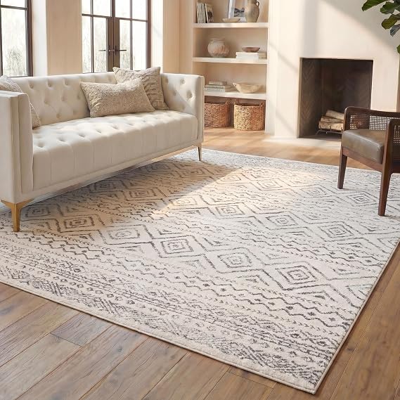 SAFAVIEH Area Rug 8x10 - Tulum Collection - Large - Ivory & Grey, Moroccan Boho Distressed Design, Non-Shedding & Easy to Clean, Ideal for Living Room, Bedroom, Dining Space (TUL267A)