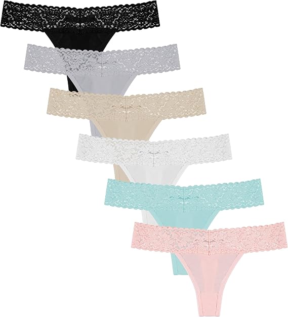 Free to Live 6 Pack Lace Cotton Thongs for Women Sexy Ladies Cheeky Underwear Low Rise Tanga Hipster Panties No Show Lingerie