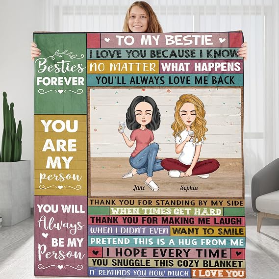 Customized Throws Blanket for Best Friend, Friend Blanket with Names Hairstyle Change, Personalized Blanket Gift for Women Bestie BFF