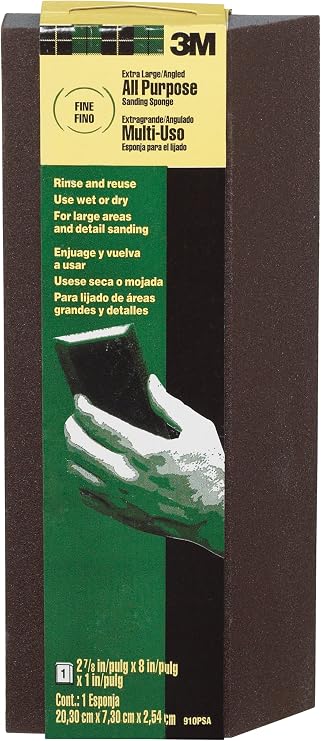 3M Sanding Sponge Block, Single Angle, Fine Grits, Extra Large, 2-7/8 in x 8 in, Designed For Sanding Wood, Paint, Metal, Plastic or Drywall, Features 3M Abrasive, Durable Flexible Foam (910PSA-12-CC)