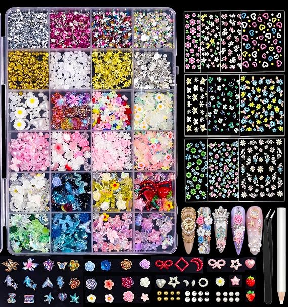 24 Grid Nail Art Charms Kit with 3D Nail Charms and Gems, Flatback AB Rhinestones, Pearls, Hawaii Flowers Y2K Nail Jewels & Stickers for DIY Nail Designs, Salon Use, Creative