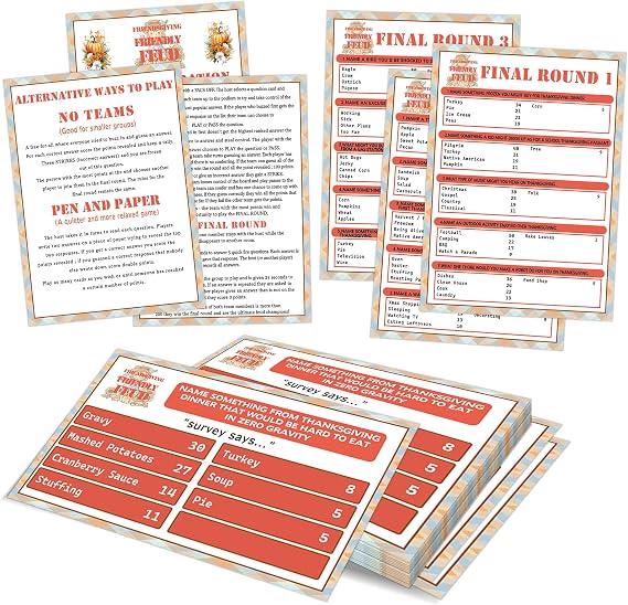 Thanksgiving Friendly Feud Quiz, Family Party Game - 12 Question Cards & 3 Final Rounds Cards