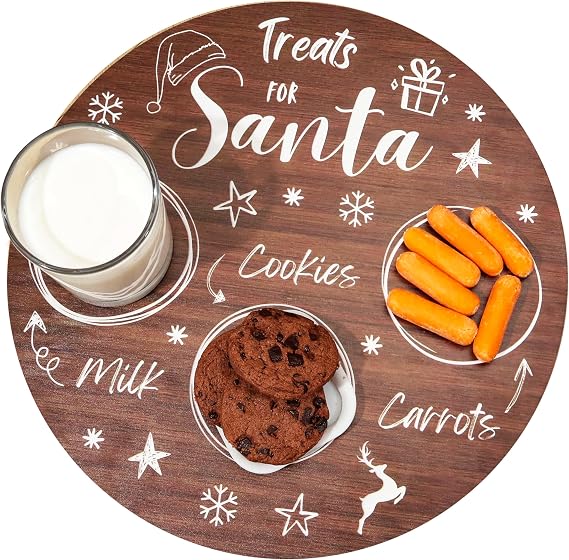 Santa Cookie Plate, Wooden Christmas Eve Treats for Santa Board, Santa Tray for Milk, Cookies and Carrot, Reindeer Snack Plate for Holiday Celebration, Christmas Table Decoration, Holiday Home Decor